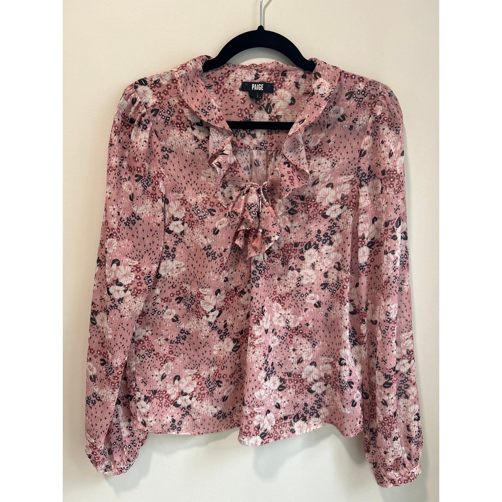 PAIGE Pink Floral Ruffle Blouse Metallic Shimmer Tie Neck Boho Romantic Top S - Picture 2 of 8